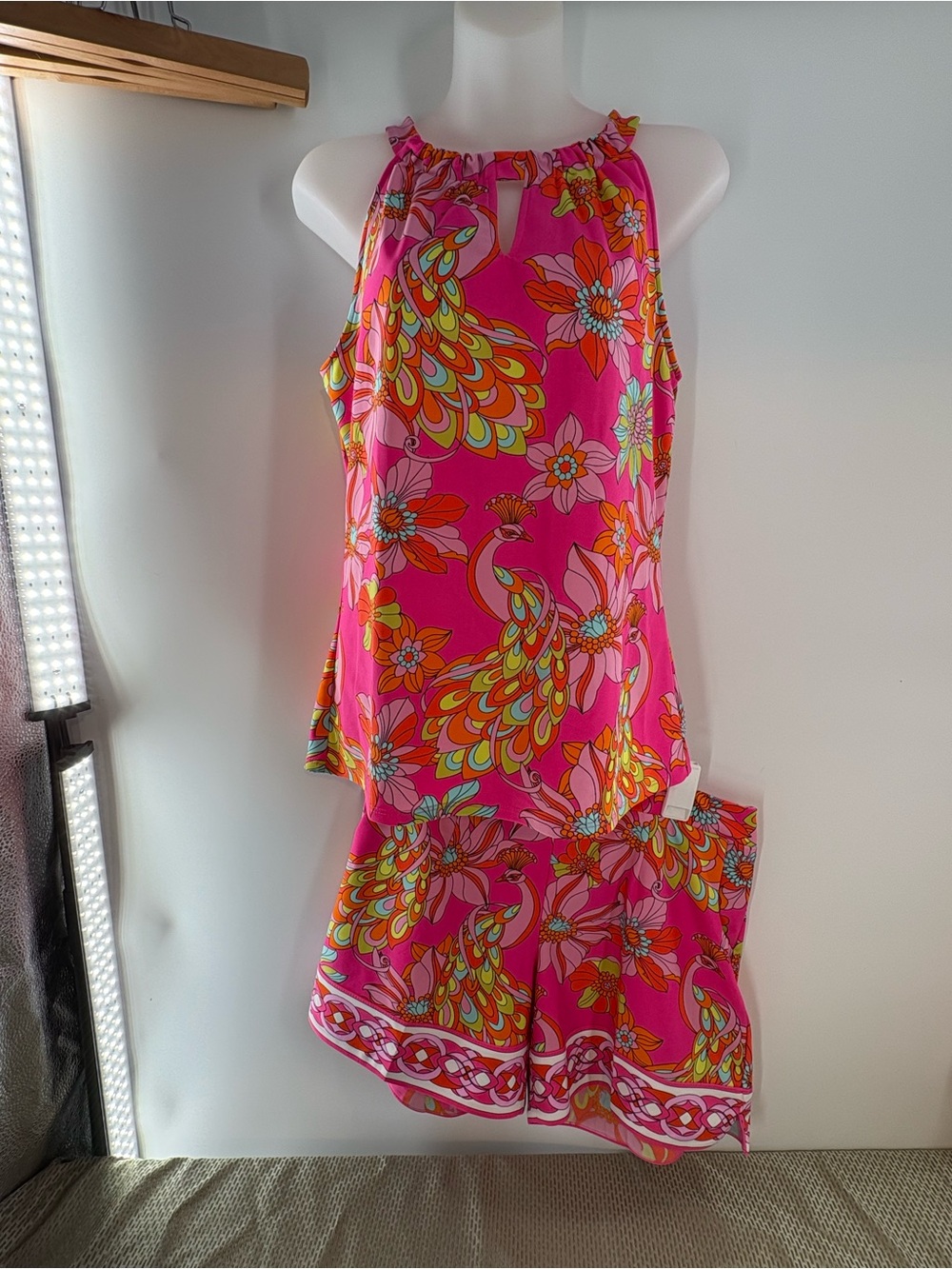 Jude Connally Two-Piece Set Halter Top & Shorts Twirling Peacock Spring Pink